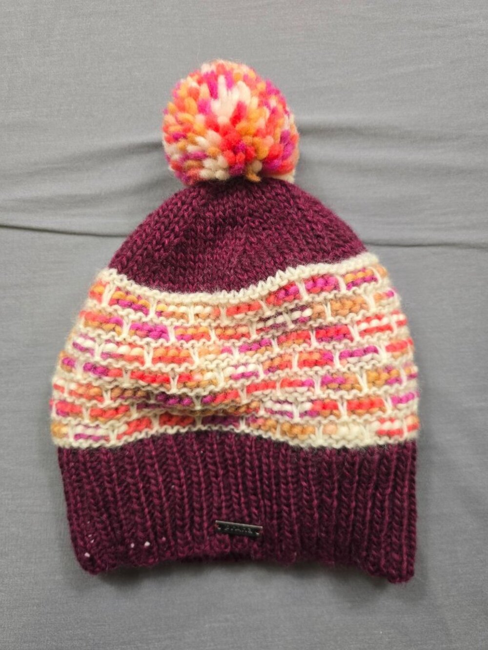 PrAna Knit Pom Beanie Wool Blend Winter Hat Burgundy Cream